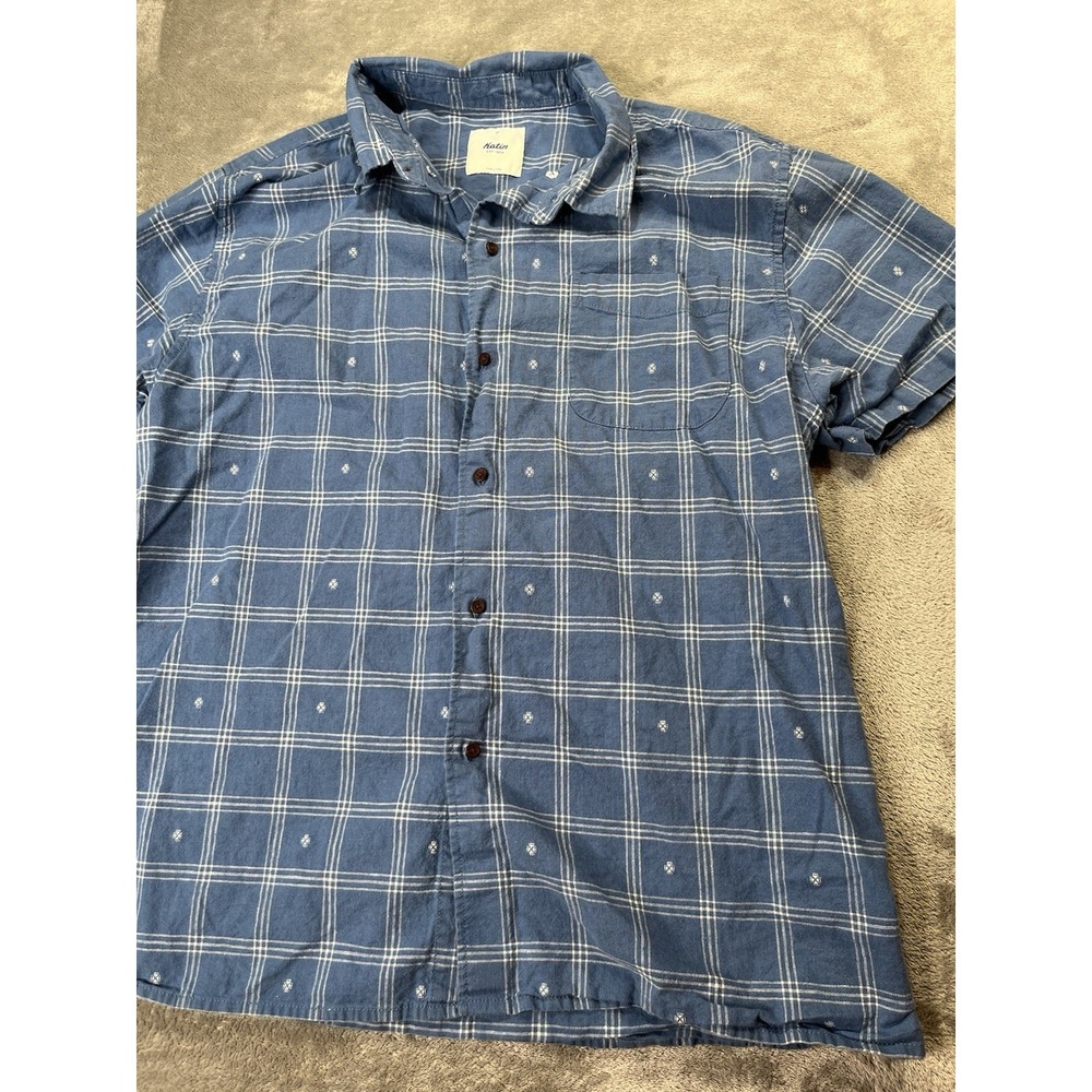 Katin Shirt Mens XL Blue Linen Cotton Blend Short Sleeve Button Camp Plaid